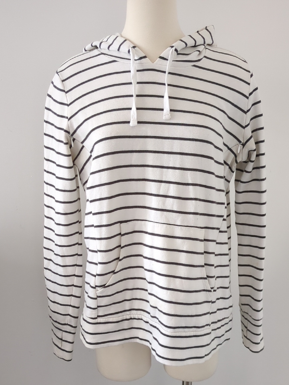 Motherhood Maternity White and Black Striped Nursing Hooded Pullover, Side Zips